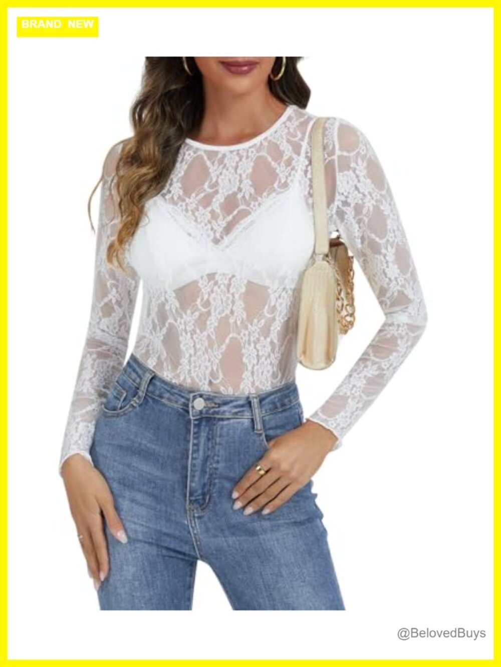 Lace Long Sleeve Top Sheer Floral Mesh Undershirt Crew Neck Blouse